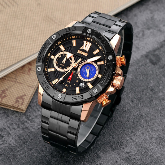 Montre à quartz SKMEI 9235 pour hommes, avec phases de lune, chronomètre et bracelet en acier inoxydable
