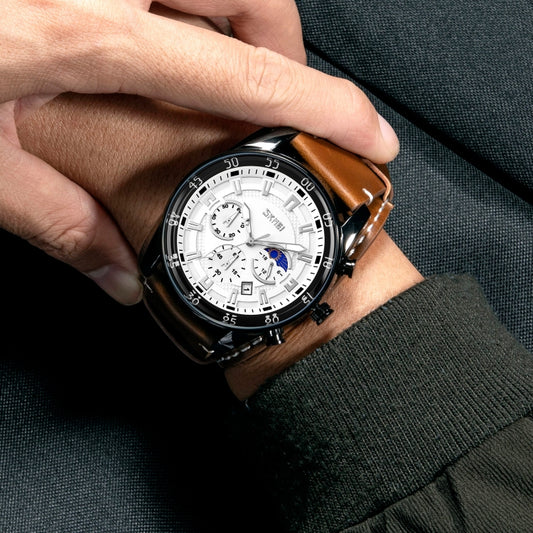 Montre à quartz SKMEI 9249 pour homme avec phase de lune, calendrier, chronomètre et bracelet en cuir