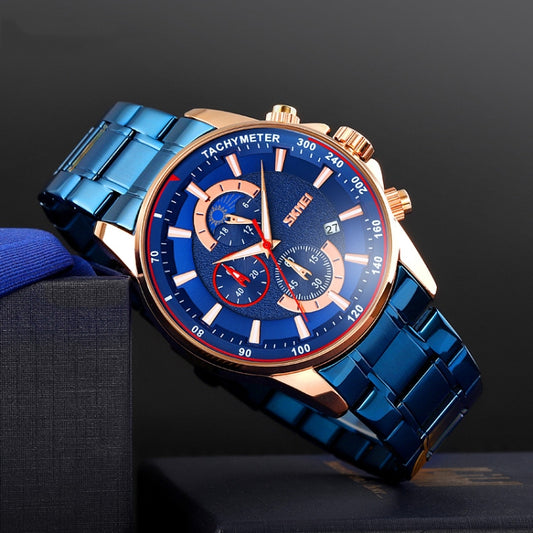SKMEI 9250 Montre Homme à Quartz, avec Phase de Lune, Chronomètre, Date, Six Aiguilles et Bracelet en Acier Inoxydable