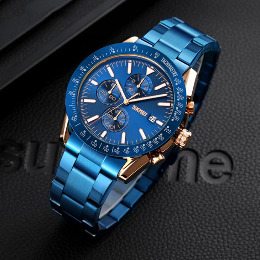 SKMEI 9253 Montre à quartz pour hommes avec chronomètre, date et bracelet en acier inoxydable à six aiguilles