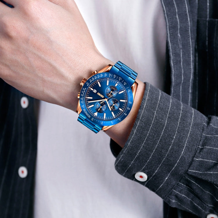 SKMEI 9253 Montre à quartz pour hommes avec chronomètre, date et bracelet en acier inoxydable à six aiguilles