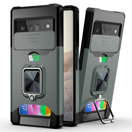 Sliding Camera Cover Design PC + TPU Shockproof Case with Ring Holder & Card Slot, For Google Pixel 6