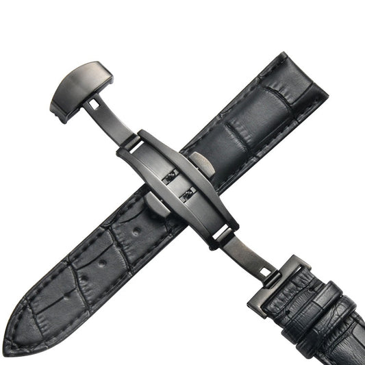 Classic Cowhide Leather Black Butterfly Buckle Replacement Strap Watchband, 10mm, 12mm, 14mm, 16mm, 18mm, 20mm, 22mm, 24mm