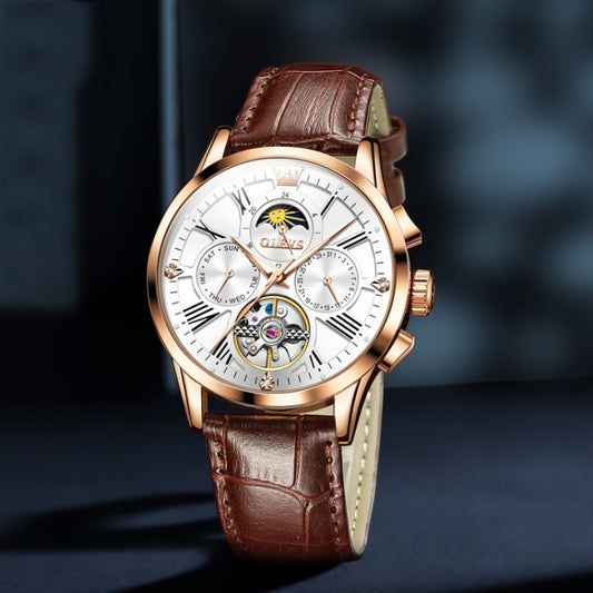OLEVS 9912 Hollow Flywheel Week Calendar Dial Luminous Mechanical Watch for Men