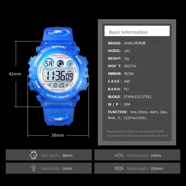 SKMEI 1451 Montre de sport électronique numérique à LED avec chronomètre lumineux pour enfants, 1451(Rose Bleu Transparent), 1451(Violet Transparent), 1451(Bleu Ciel Transparent), 1451(Rose Rouge Transparent), 1451(Coque Blanche Cercle Bleu)