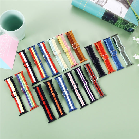 Adjustable Striped Woven Nylon Strap Watchband For Apple Watch Series, 7 41mm / 6&SE&5&4 40mm / 3&2&1 38mm, 7 45mm / 6&SE&5&4 44mm / 3&2&1 42mm