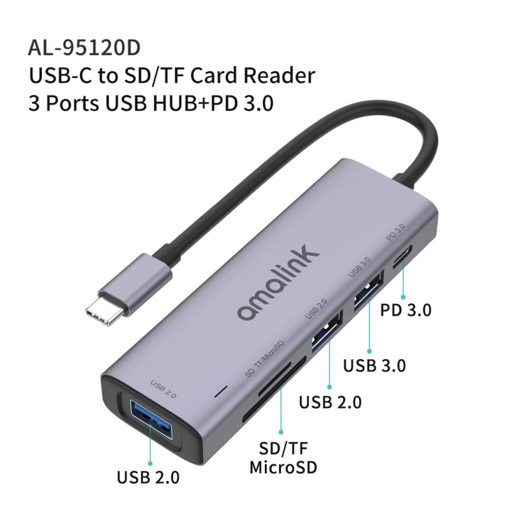 amalink 95120D Type-C / USB-C to SD/TF + 3 Ports USB + PD 3.0 Multi-function HUB Docking Station, 95120D