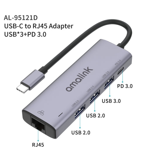 amalink 95121D Type-C / USB-C to RJ45 + 3 Ports USB + PD 3.0 Multi-function HUB, 95121D