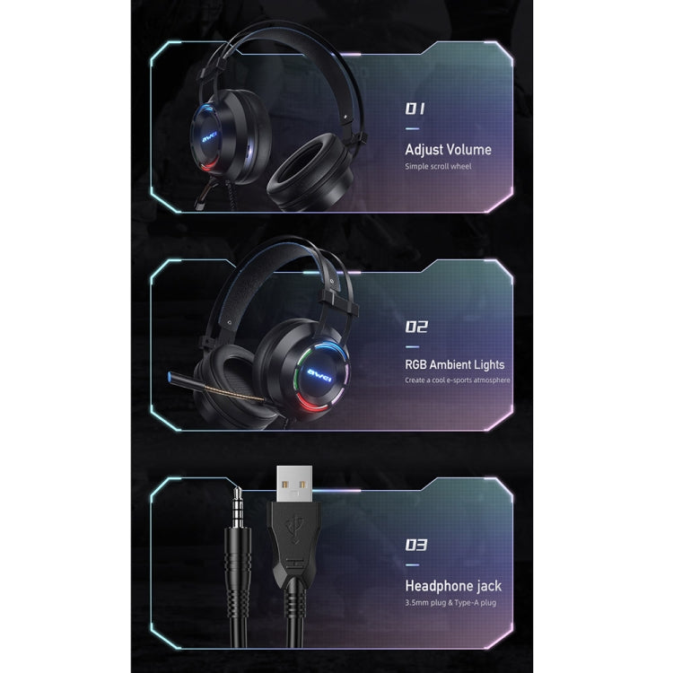 awei GM-2 USB + 3.5mm Ambient Light Gaming Wired Headset with Microphone