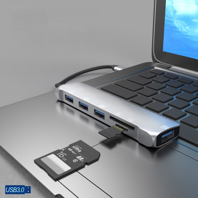 NK-3043H 6 in 1 USB-C / Type-C to TF / SD Card Slot + 4 USB 3.0 Female Adapter, NK-3043H