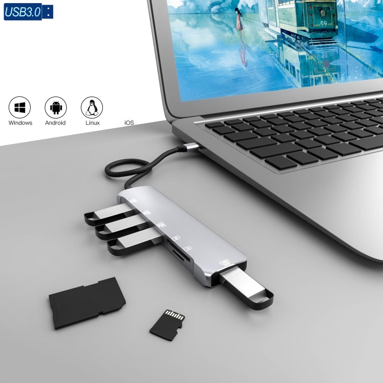 NK-3043H 6 in 1 USB-C / Type-C to TF / SD Card Slot + 4 USB 3.0 Female Adapter, NK-3043H
