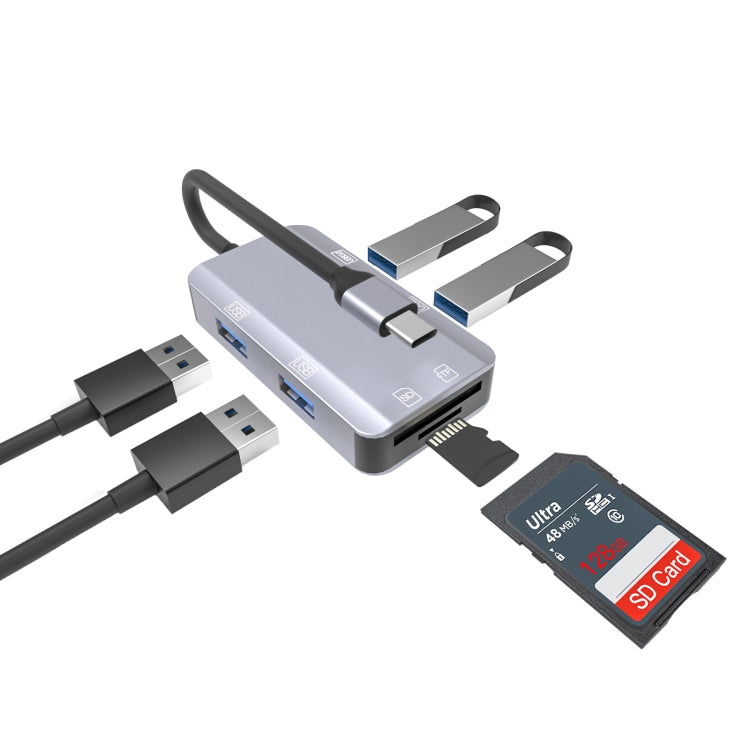 NK-3049H 6 in 1 USB-C / Type-C to TF / SD Card Slot + USB 3.0 + 3 USB 2.0 Female Adapter, NK-3049H