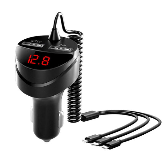 Chargeur de voiture rapide C68 à affichage numérique LED QC3.0 3 en 1 avec câble spiralé, C68 avec câble spiralé, C68 (Argent)