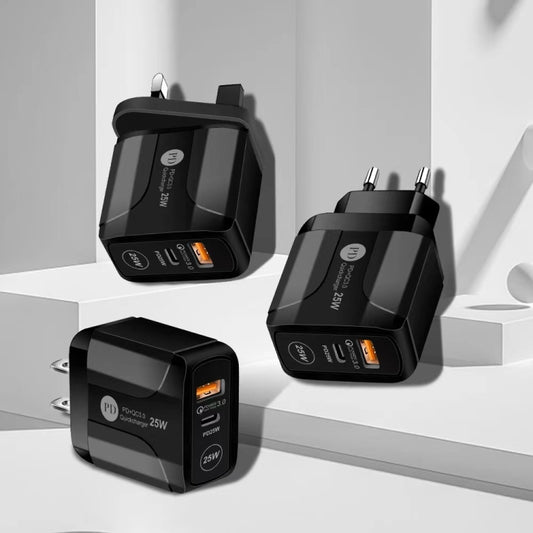 25W PD Type-C + QC3.0 USB Ports Travel Charger, US Plug, EU Plug