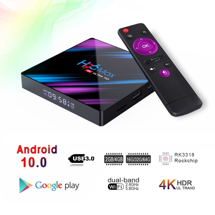 H96 Max-3318 4K Ultra HD Android TV Box with Remote Controller, Android 10.0, RK3318 Quad-Core 64bit Cortex-A53, 4GB+32GB, Support TF Card / USBx2 / AV / Ethernet, AU Plug, EU Plug, UK Plug, US Plug