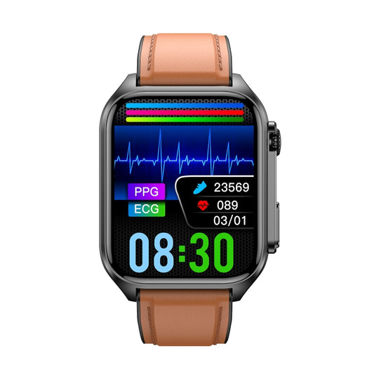 TK12 Montre intelligente étanche IP67 avec bracelet en cuir de 1,96 pouce, prend en charge l'ECG / le soin à distance des familles / l'appel Bluetooth / la surveillance de la température corporelle, bracelet en cuir (marron), bracelet en cuir (noir)