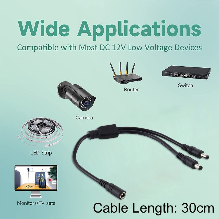 5.5 x 2.1mm Female to Male Plug DC Power Splitter Adapter Power Cable, 30cm, 70cm