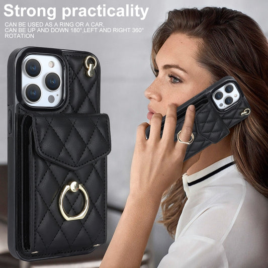 Rhombic Texture Card Bag Phone Case with Long Lanyard, For iPhone 14 Pro Max, For iPhone 13 Pro Max, For iPhone 13 Pro, For iPhone 13, For iPhone 12 / 12 Pro, For iPhone 12 Pro Max, For iPhone 11 Pro Max, For iPhone 11, For iPhone 11 Pro, For iPhone XR...