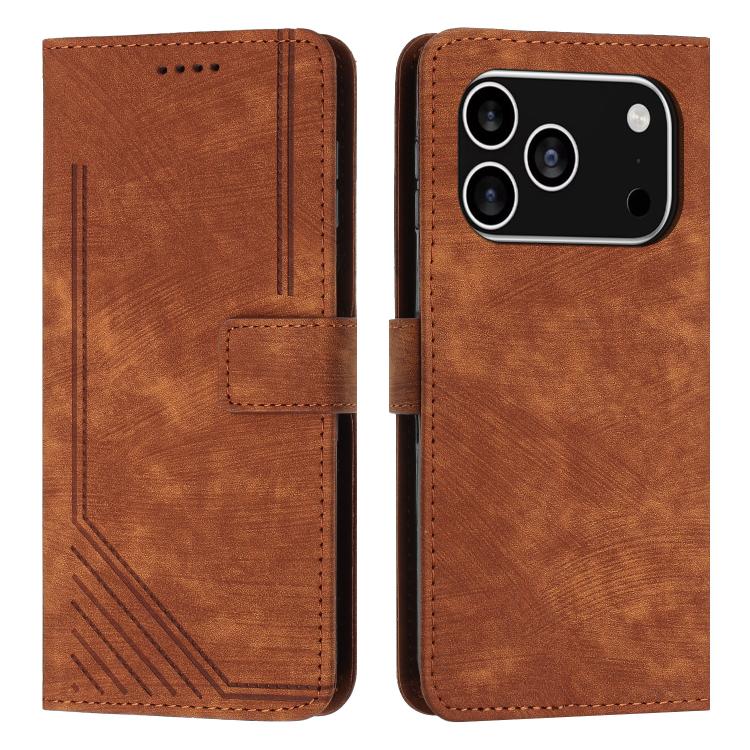 Skin Feel Stripe Pattern Leather Phone Case with Lanyard