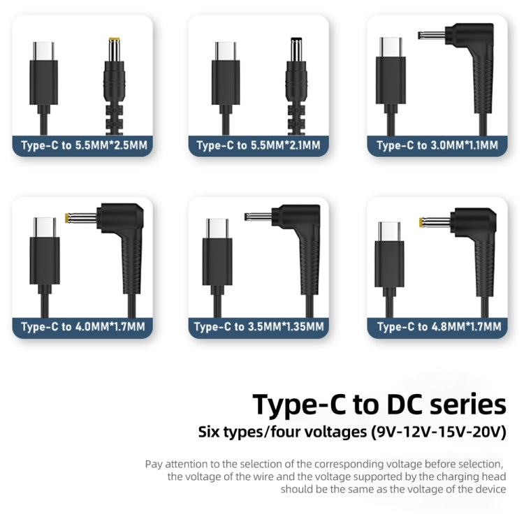 5.5 x 2.1mm DC Power to Type-C Adapter Cable, 9V, 12V, 15V, 20V
