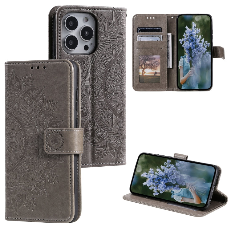 Totem Flower Embossed Leather Phone Case, For iPhone 16 Pro Max, For iPhone 16 Pro, For iPhone 16 Plus, For iPhone 16, For iPhone 15 Pro Max, For iPhone 15 Pro, For iPhone 15 Plus, For iPhone 15