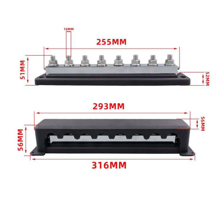 RV 600A High Current busbar 8-way Straight M10 Wiring Studs, CP-4298-01, CP-4298-02