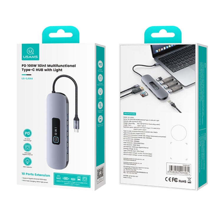 USAMS US-SJ644 PD100W 10 in 1 Aluminum Alloy Multifunctional Type-C HUB with Light, 10 in 1