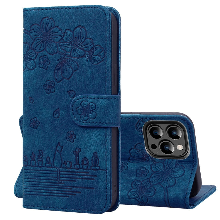 Cartoon Sakura Cat Embossed Leather Phone Case