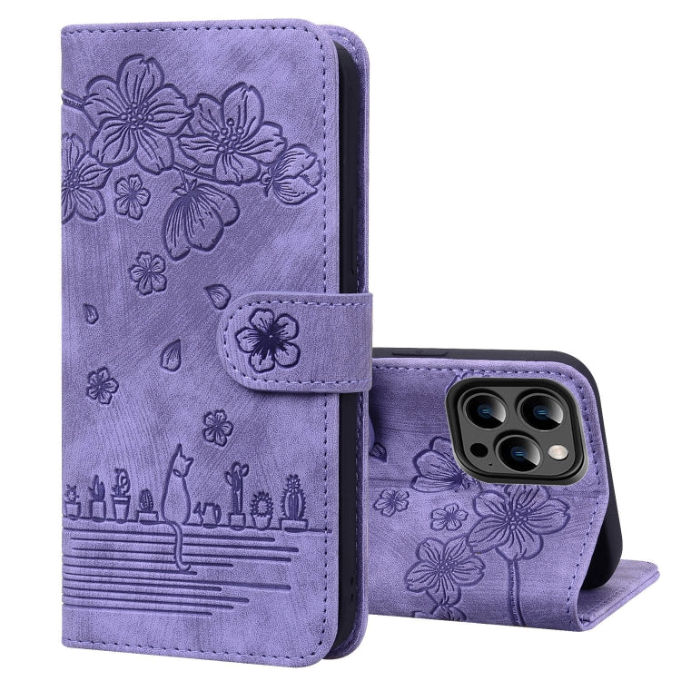 Cartoon Sakura Cat Embossed Leather Phone Case