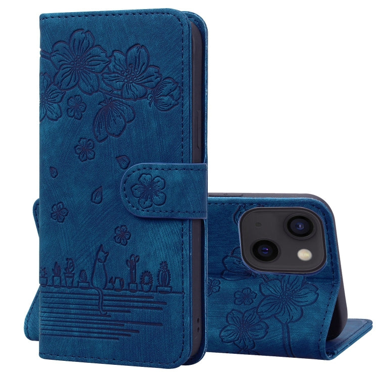 Cartoon Sakura Cat Embossed Leather Phone Case