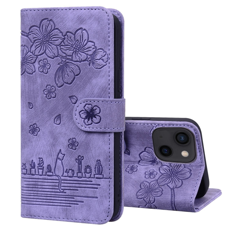 Cartoon Sakura Cat Embossed Leather Phone Case