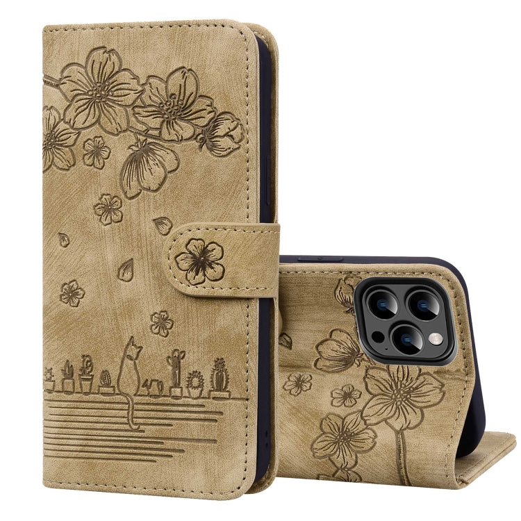 Cartoon Sakura Cat Embossed Leather Phone Case