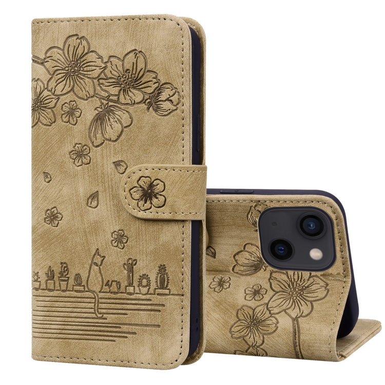 Cartoon Sakura Cat Embossed Leather Phone Case