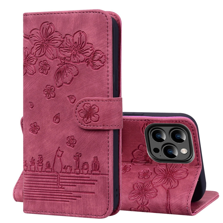 Cartoon Sakura Katze Geprägtes Leder Handyhülle, Für iPhone 17e / 16e, Für iPhone 17 Pro Max, Für iPhone 17 Pro, Für iPhone 17, Für iPhone Air, Für iPhone 16 Pro Max, Für iPhone 16 Pro, Für iPhone 16 Plus, Für iPhone 16, Für iPhone 15 Pro Max