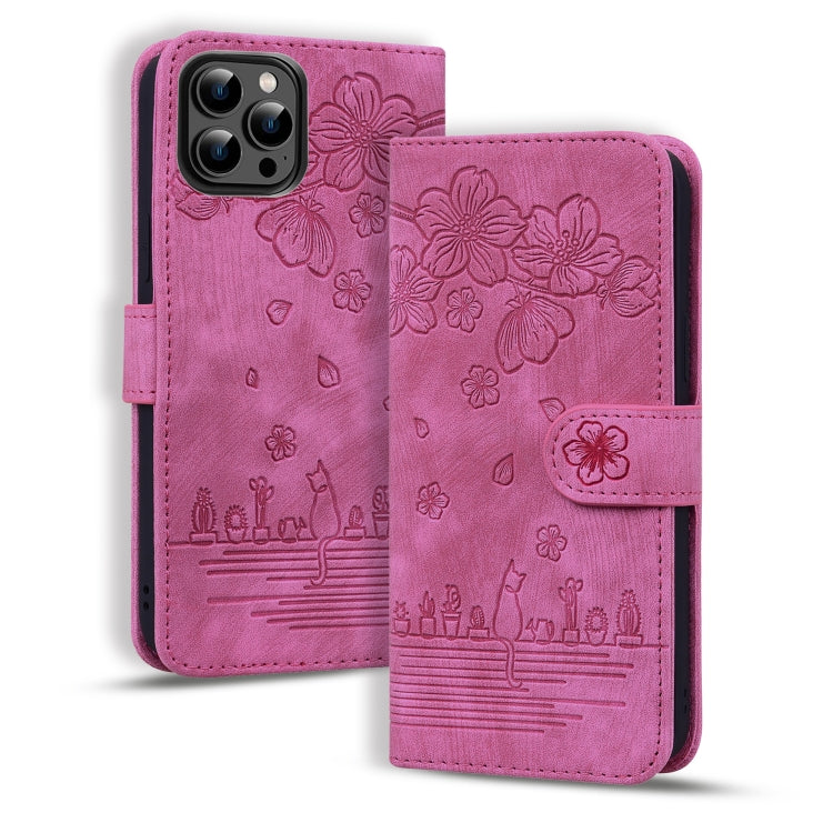 Cartoon Sakura Cat Embossed Leather Phone Case