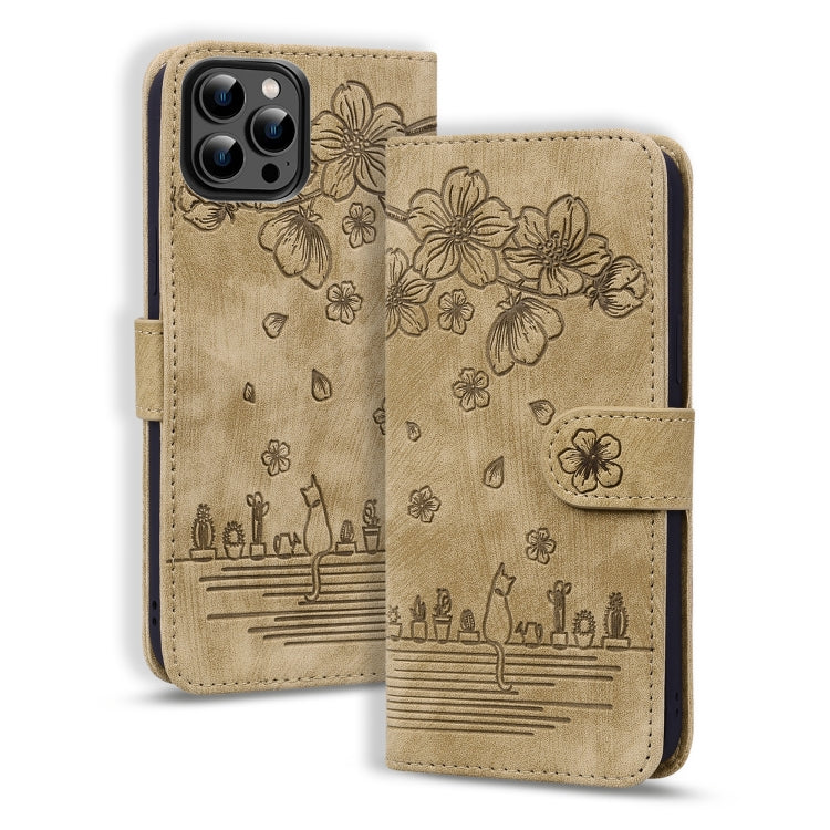 Cartoon Sakura Cat Embossed Leather Phone Case