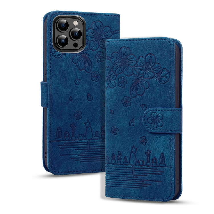 Cartoon Sakura Cat Embossed Leather Phone Case