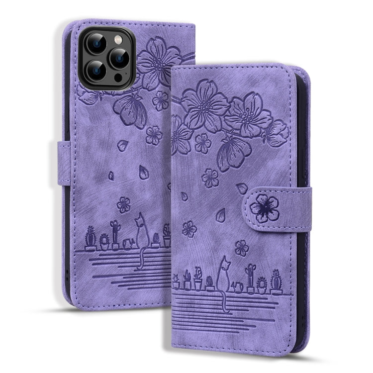 Cartoon Sakura Cat Embossed Leather Phone Case