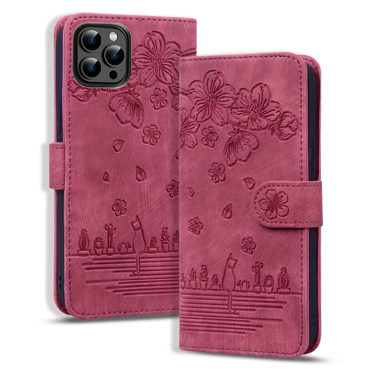 Cartoon Sakura Cat Embossed Leather Phone Case