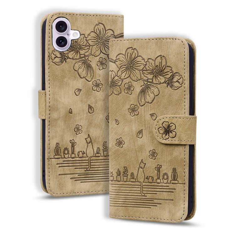 Cartoon Sakura Cat Embossed Leather Phone Case