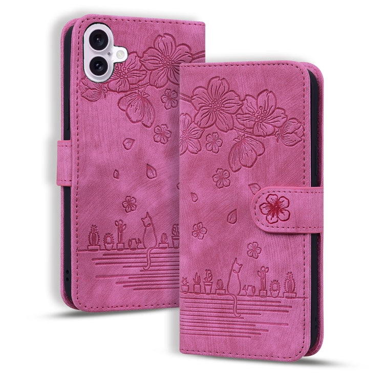 Cartoon Sakura Cat Embossed Leather Phone Case