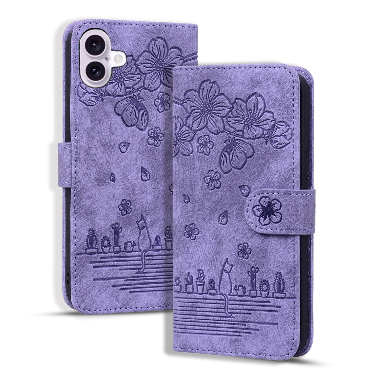 Cartoon Sakura Cat Embossed Leather Phone Case