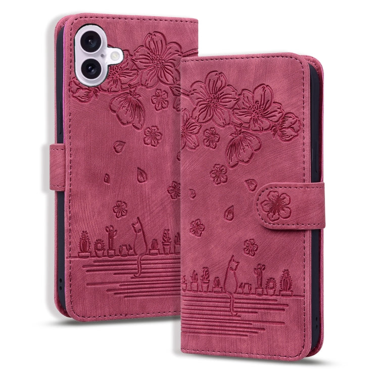 Cartoon Sakura Cat Embossed Leather Phone Case