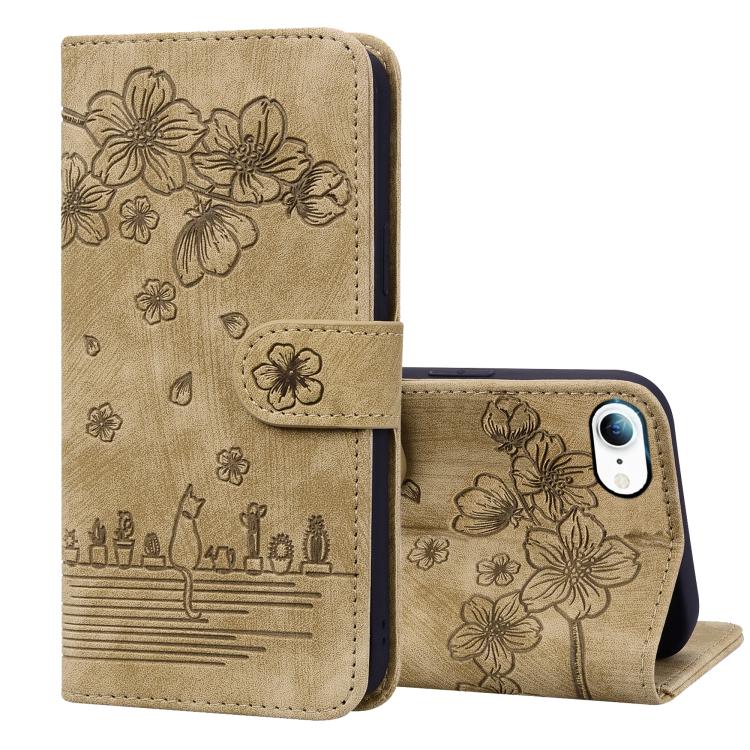 Cartoon Sakura Cat Embossed Leather Phone Case
