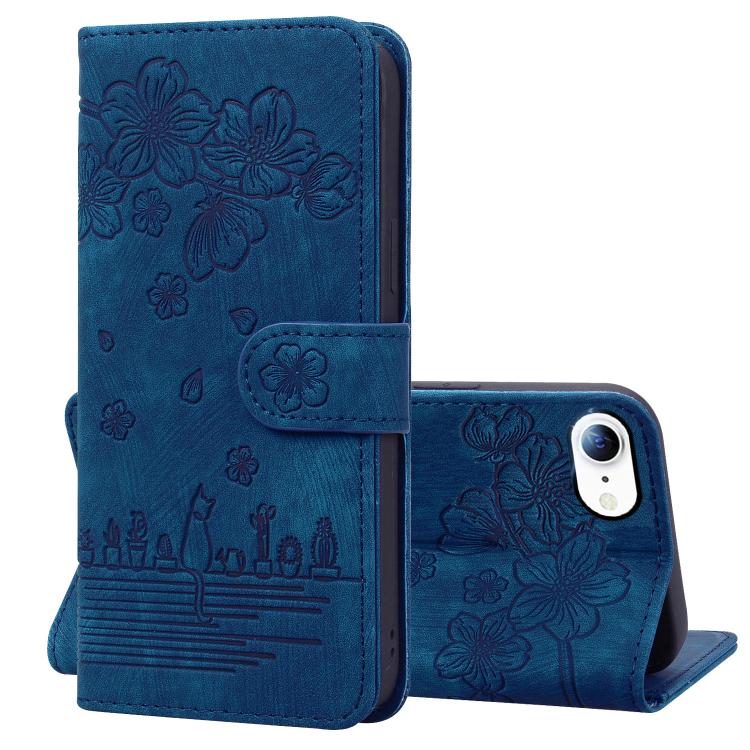 Cartoon Sakura Cat Embossed Leather Phone Case