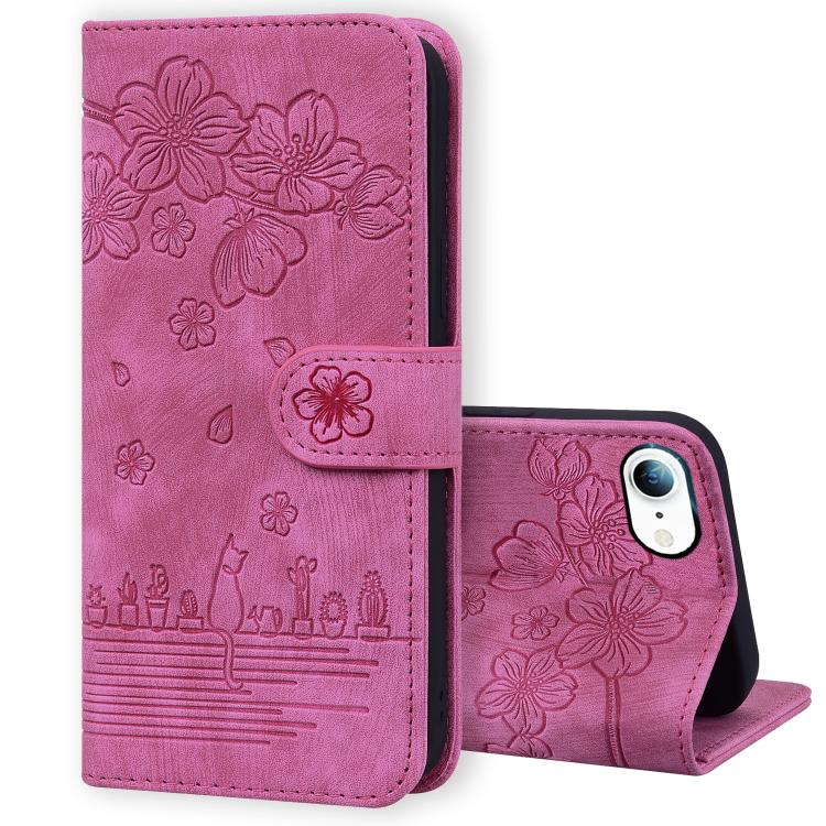 Cartoon Sakura Cat Embossed Leather Phone Case