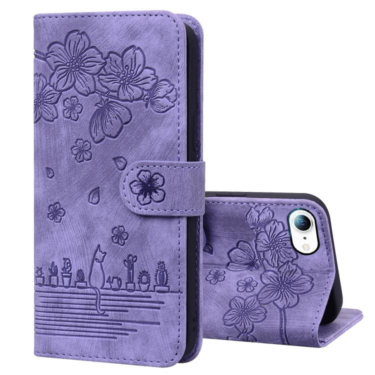 Cartoon Sakura Cat Embossed Leather Phone Case