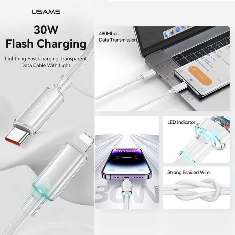 USAMS Type-C To 8 Pin Aluminum Alloy Clear LED 30W PD Fast Charge Data Cable, Length:1.2m, Type-C To 8 Pin