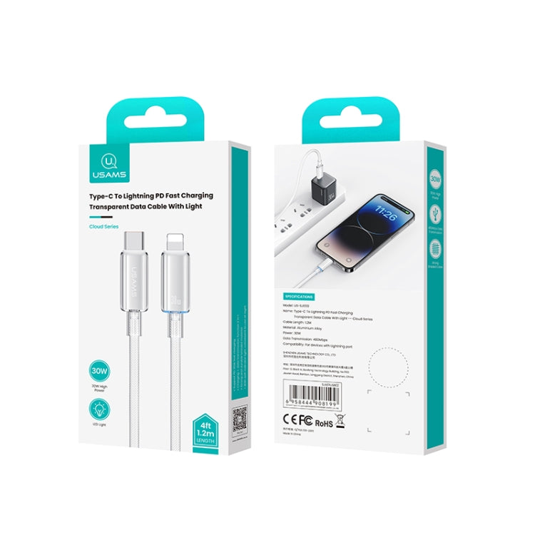 USAMS Type-C To 8 Pin Aluminum Alloy Clear LED 30W PD Fast Charge Data Cable, Length:1.2m, Type-C To 8 Pin