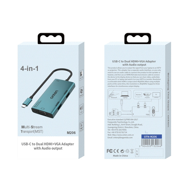 Onten M206 4K 60Hz 4 in 1 Type-C to Dual HDMI + VGA + 3.5mm Video Converter Adapter, M206